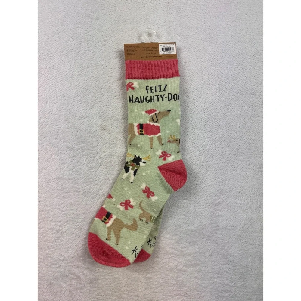 Karma Gifts Feliz Naughty-Dog Holiday Crew Socks Green Pink Christmas Dachsund